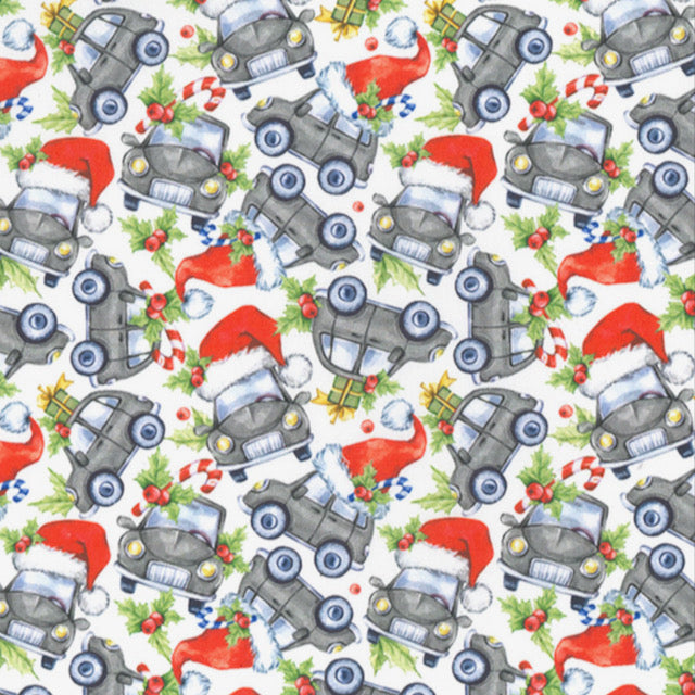 Santa Hats And Cars 100% Cotton fabric, 58 inches wide, sold per half metre