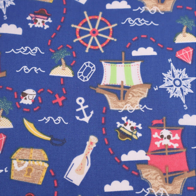 Pirate Ships on Royal Blue Background Polycotton Fabric Per 1/2 Metre