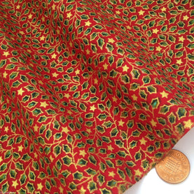 Red & gold tiny holly leaf Christmas cotton fabric