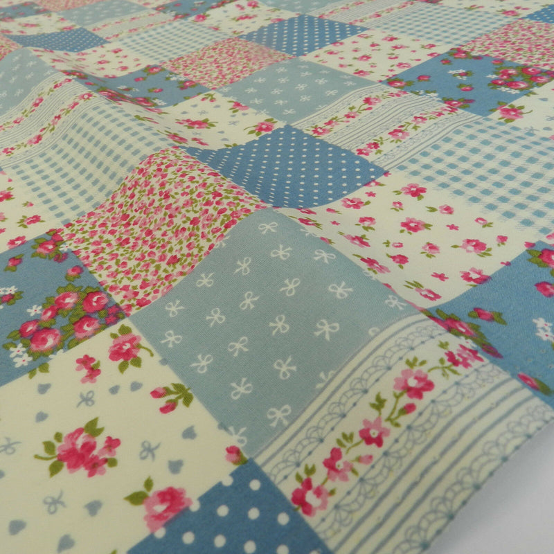 Beautiful Patchwork design, dusky blue Cotton Fabric, Shabby Chic, 100% cotton fabric per half metre