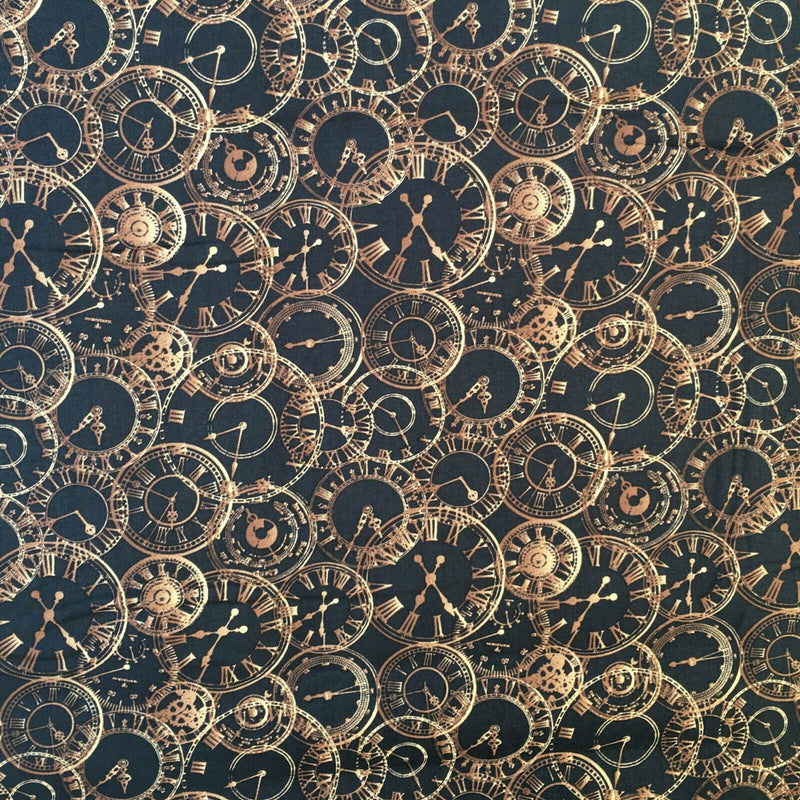 Steam Punk Clocks Black / Bronze, 100% Cotton Fabric, 112cm wide, by the Half  Metre