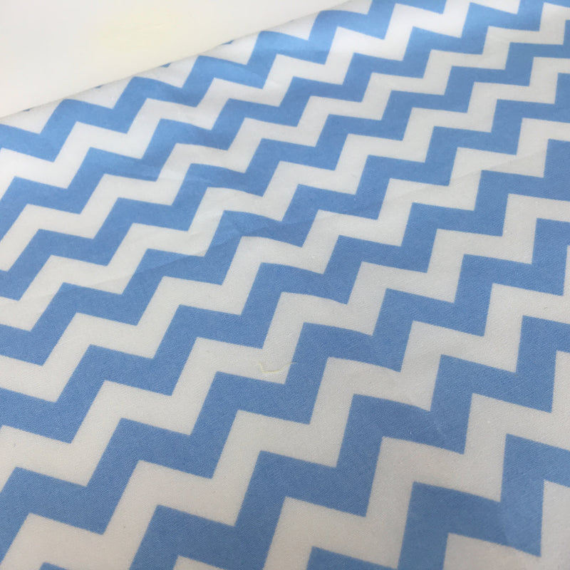 Pale Blue Zig Zag 100% Cotton Poplin Fabric 112cm Wide Sold Per Half Metre